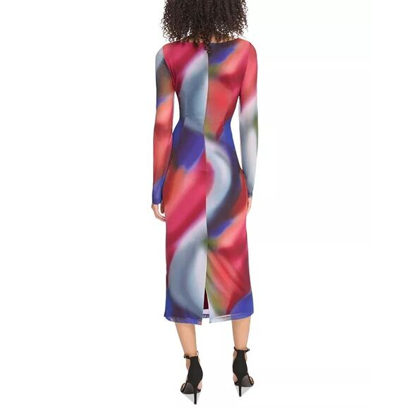 Vince Camuto Ruched Mesh Midi Bodycon Dress Long Sleeve Multi Size16 NWOT - Picture 5 of 12